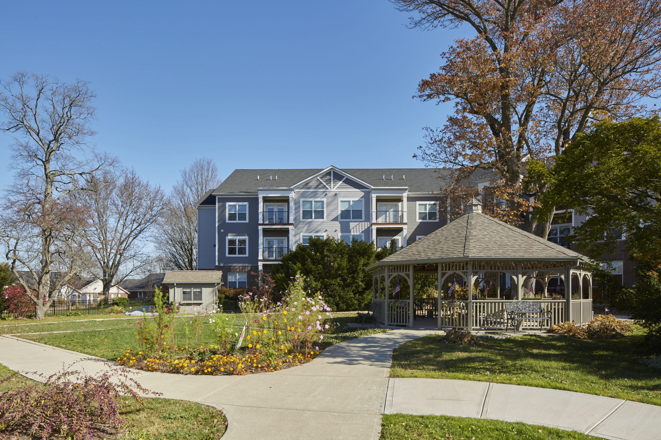 Legacy Village campus exterior with gazebo