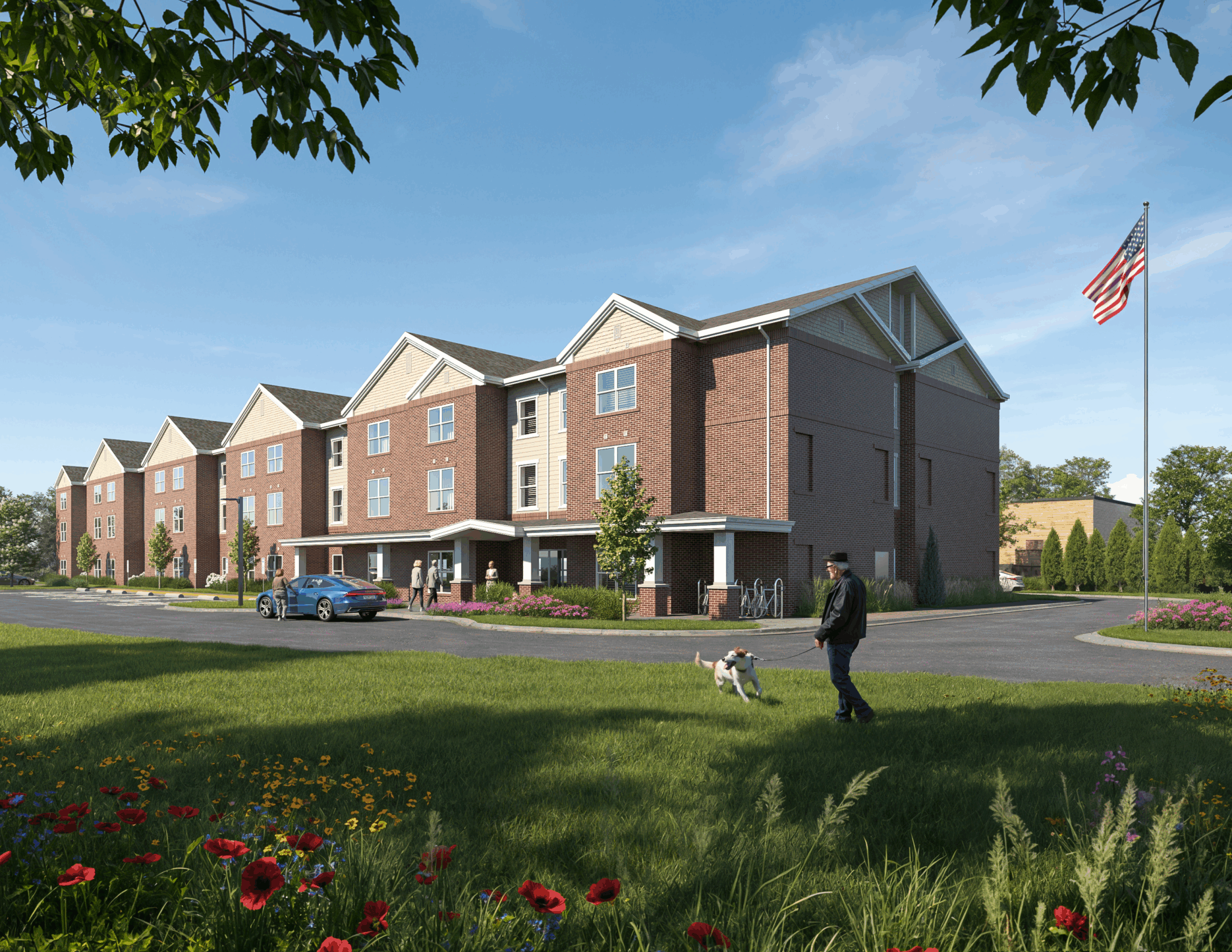 Man walking dog outside brick community