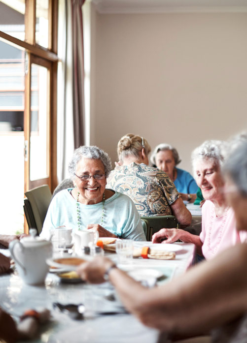 Group of senior women enjoying a meal and conversation at a dining table
