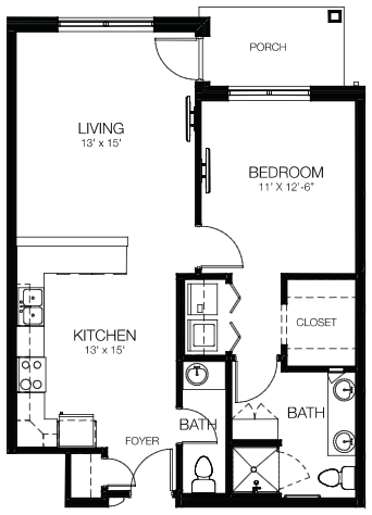 One Bedroom Plan A apartment floor plan at Legacy Village in Xenia, OH