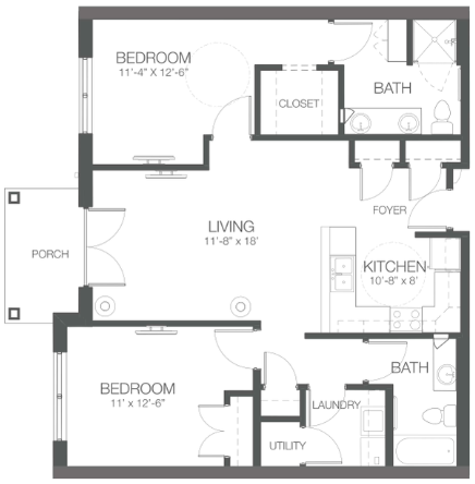 Two Bedroom Plan A apartment floor plan at Legacy Village in Xenia, OH